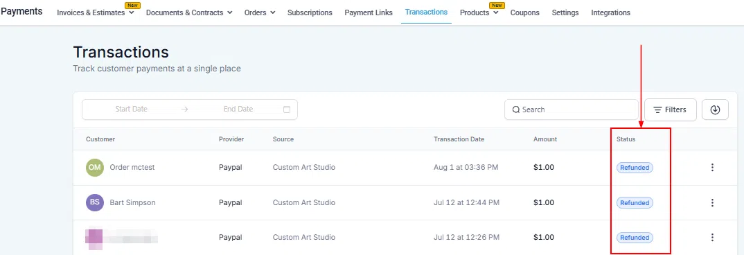 Growth360 Transactions - refunded transaction in list