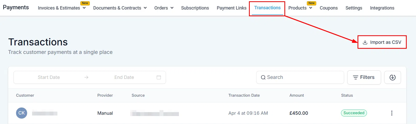 Growth360 Transactions - Import as CSV button