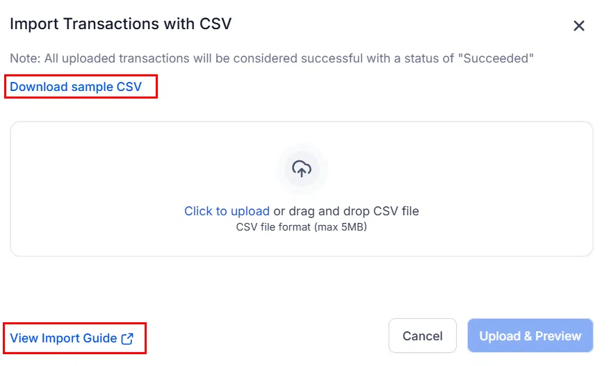Growth360 Transactions - import guide and sample CSV download
