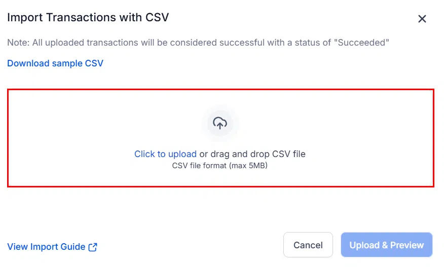 Growth360 Transactions - selecting CSV file to upload