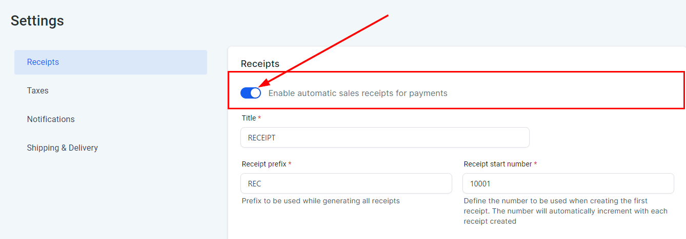 Growth360 Payment Settings - enable automatic sales receipts toggle