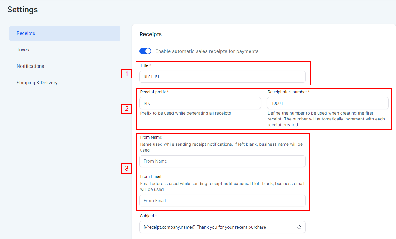 Growth360 Payment Settings - receipts configuration options