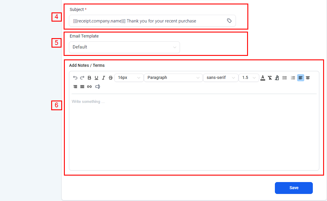 Growth360 Payment Settings - receipt template and numbering settings