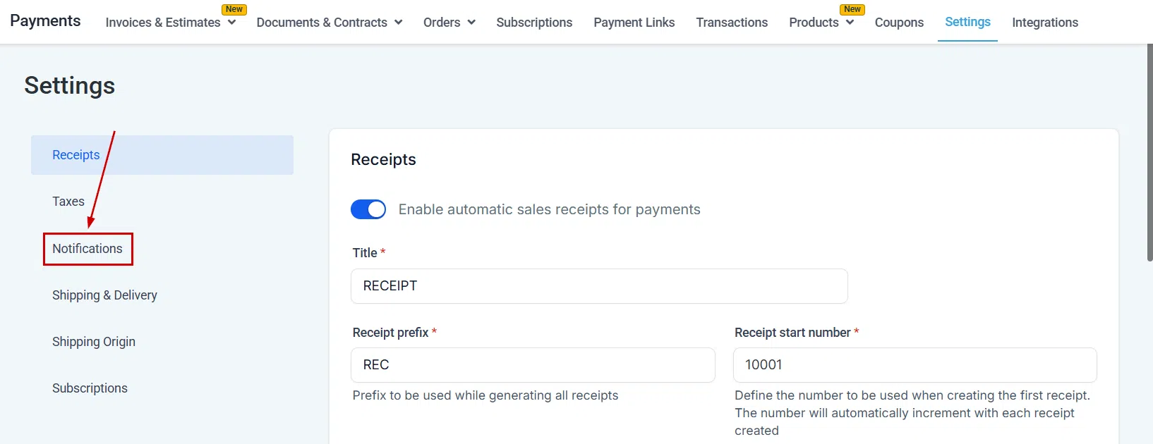 Growth360 Payment Settings - notifications settings tab