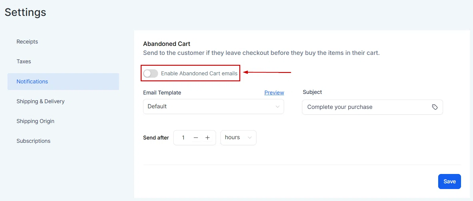 Growth360 Payment Settings - abandoned cart email toggle