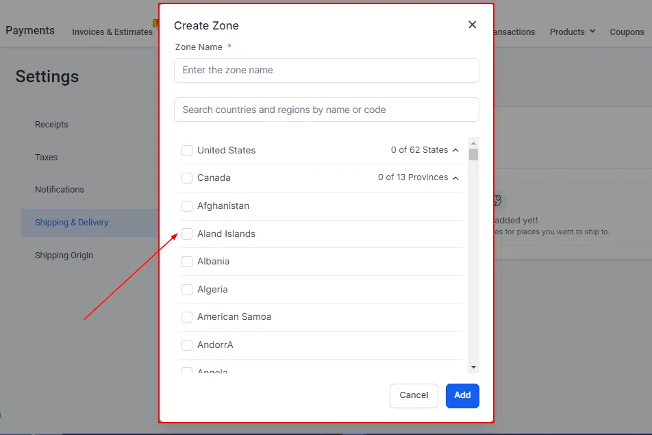 Growth360 Shipping Settings - selecting countries for a zone