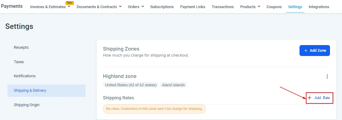 Growth360 Shipping Settings - adding delivery rates to a zone