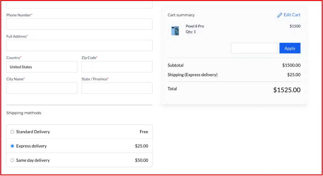 Growth360 Shipping Settings - shipping options on an order form