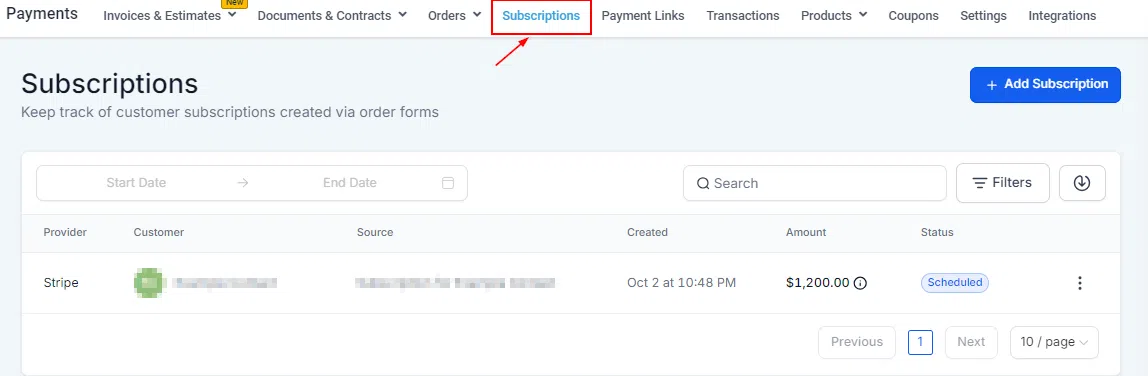Growth360 Payments - subscriptions tab overview