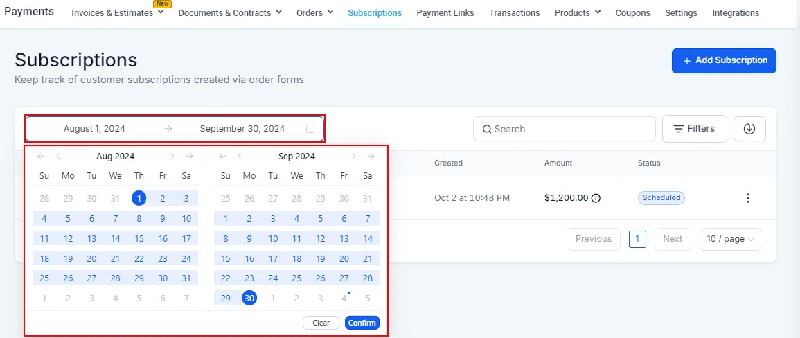 Growth360 Subscriptions - date range filter
