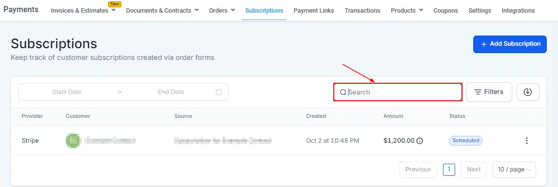 Growth360 Subscriptions - search by customer name