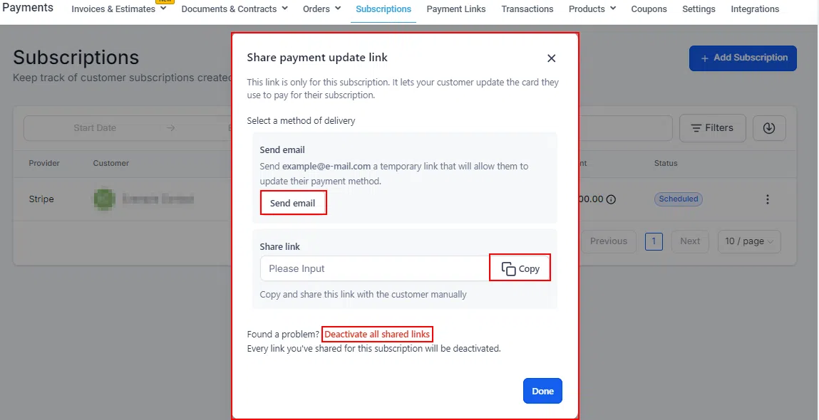 Growth360 Subscriptions - deactivate shared links