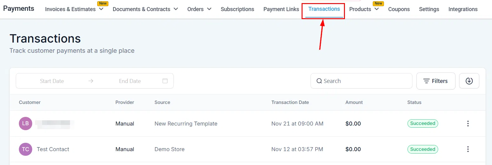 Growth360 Payments - Transactions tab overview