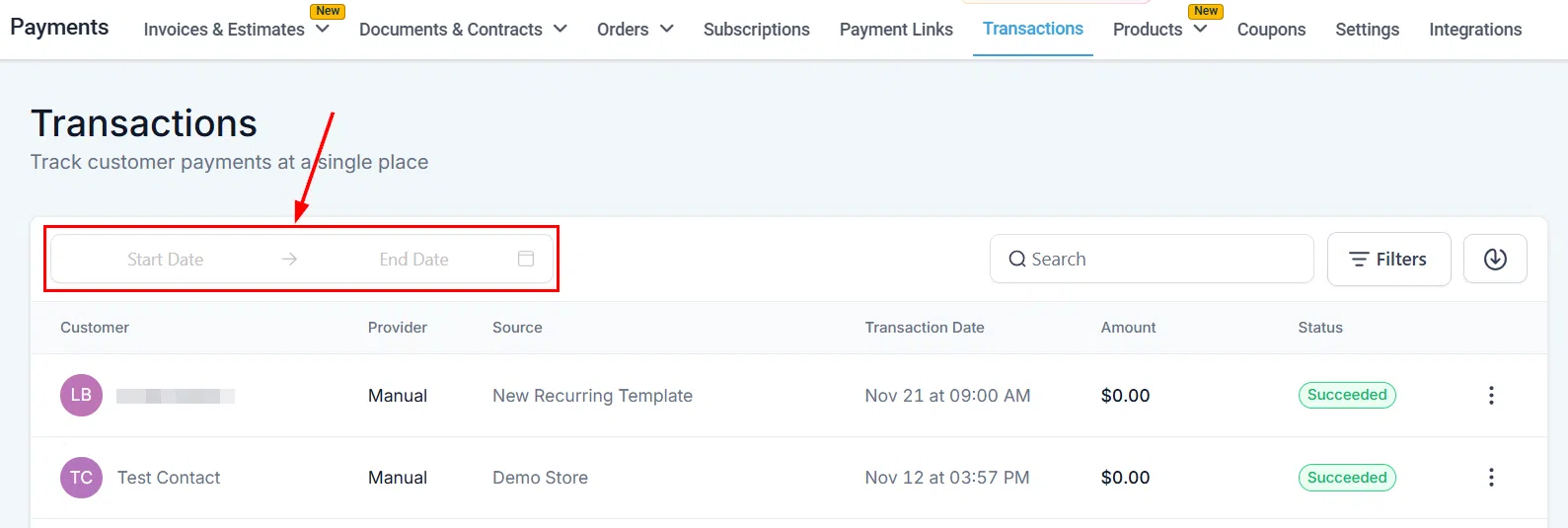 Growth360 Transactions - date range filter