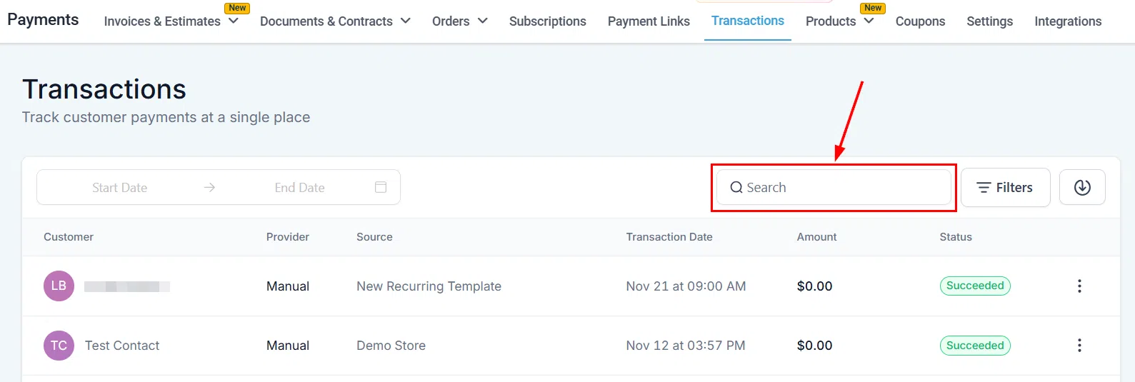 Growth360 Transactions - search bar