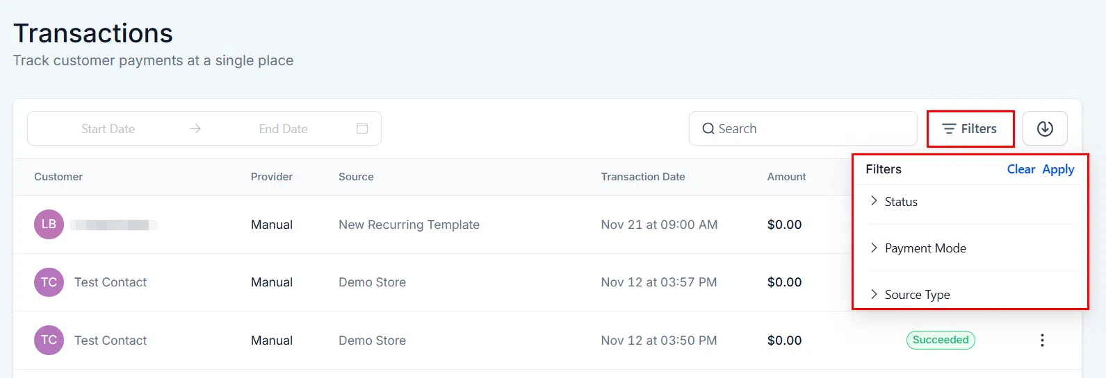 Growth360 Transactions - filters panel