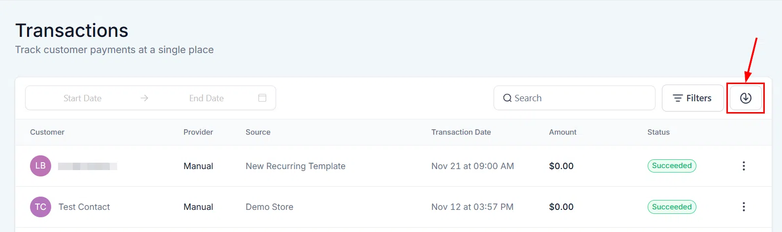 Growth360 Transactions - export button