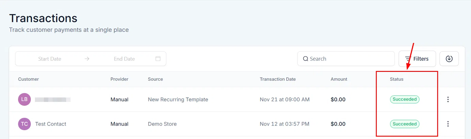Growth360 Transactions - status filter
