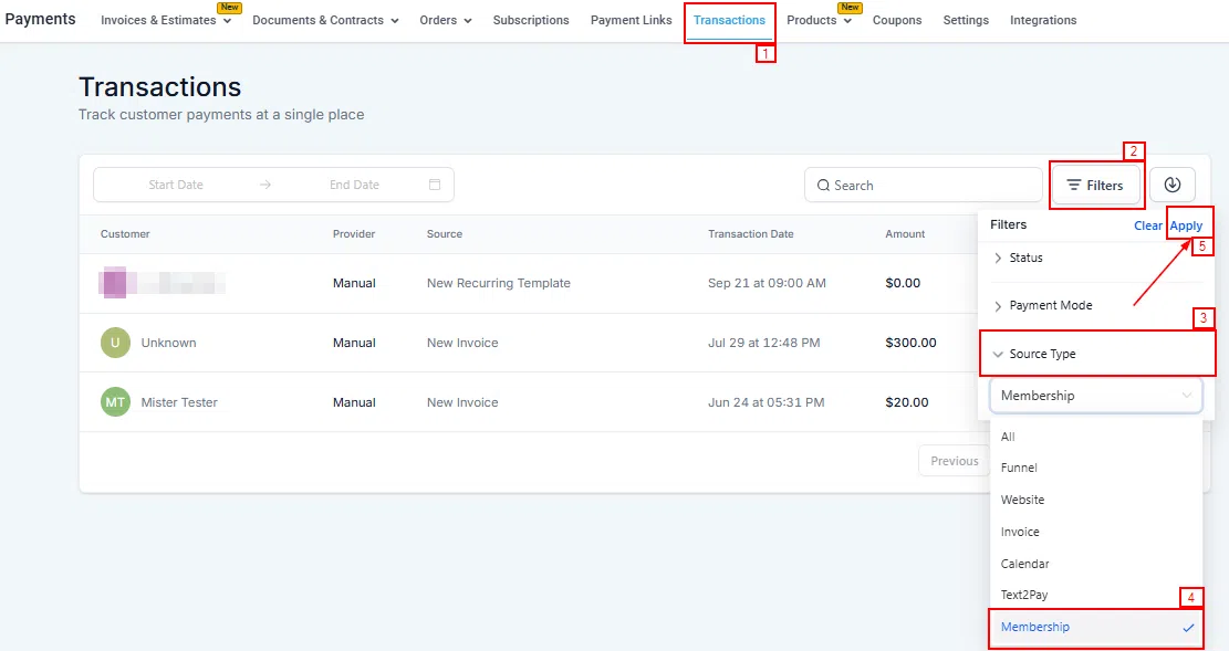 Growth360 Transactions - membership transactions filter
