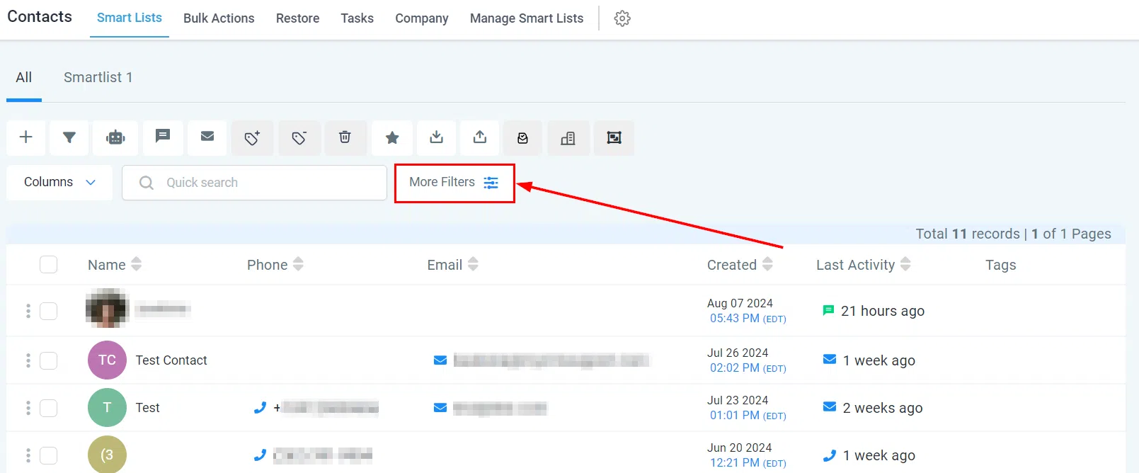 Growth360 Smart Lists - More Filters button in the contacts list