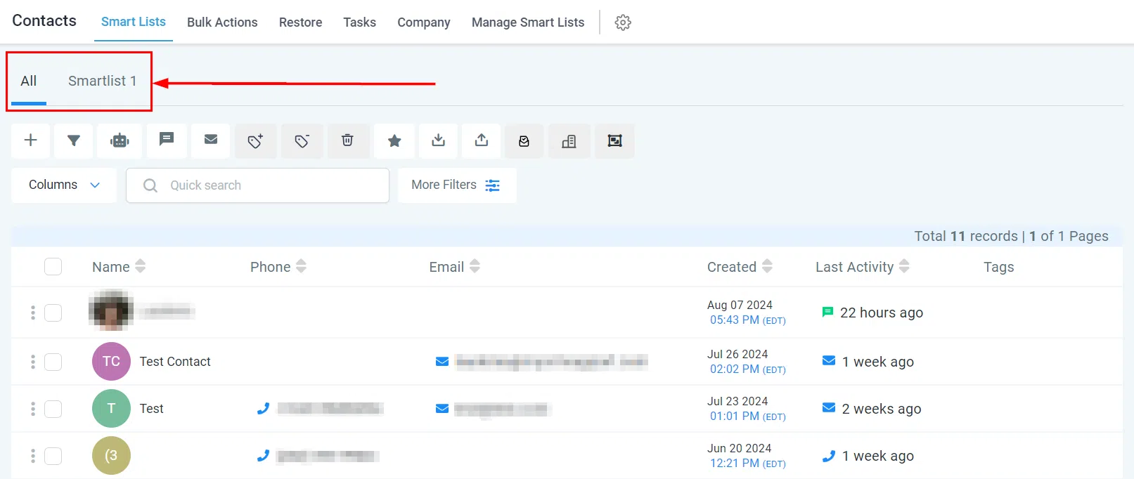 Growth360 Smart Lists - Smart list shown in top panel