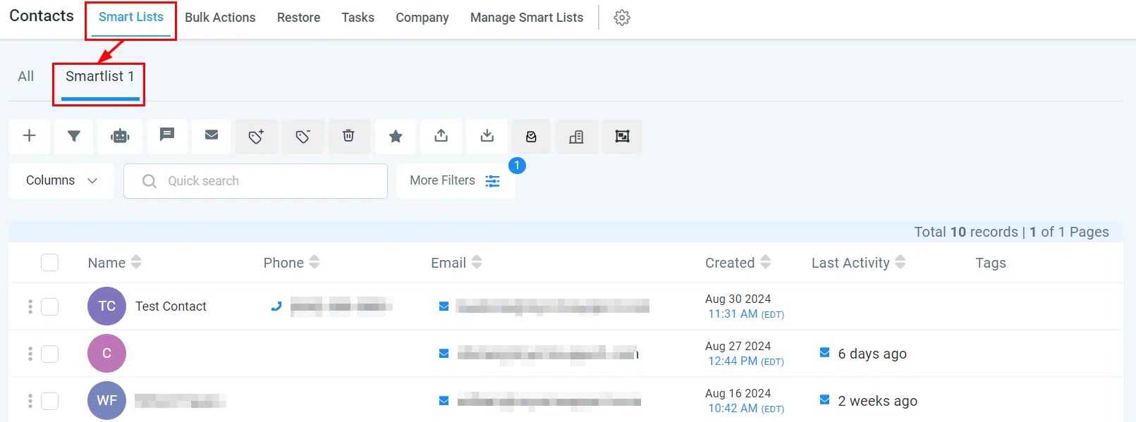 Growth360 Smart Lists - Select smart list from top panel
