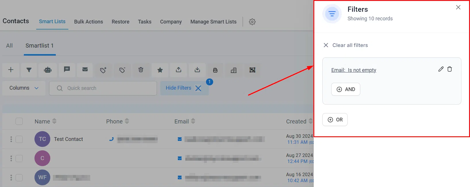 Growth360 Smart Lists - Filters panel when editing
