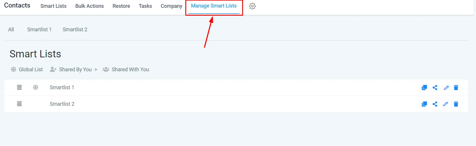 Growth360 Smart Lists - Manage Smart Lists section