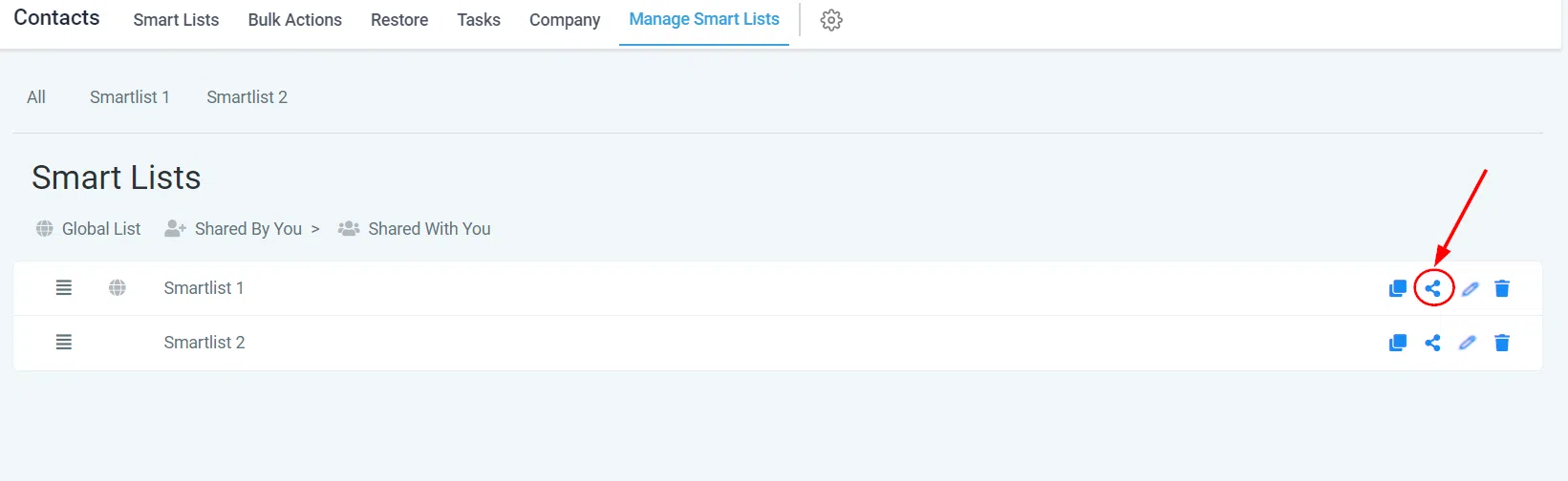 Growth360 Smart Lists - Share button
