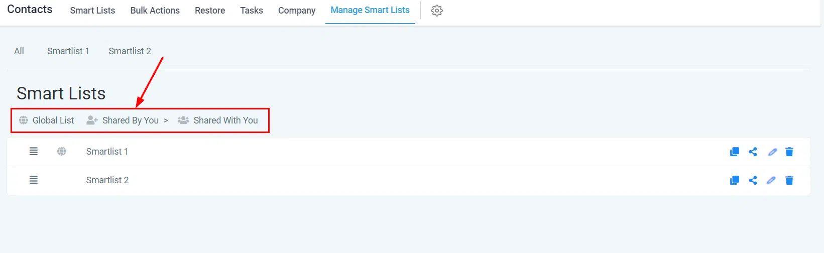 Growth360 Smart Lists - Sharing status icons explained