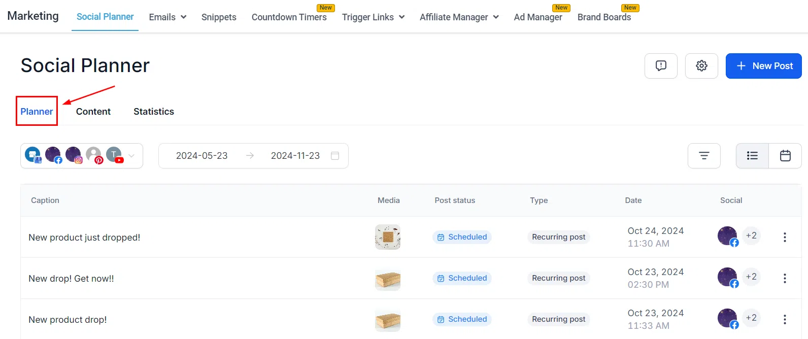 Growth360 Social Planner - planner view