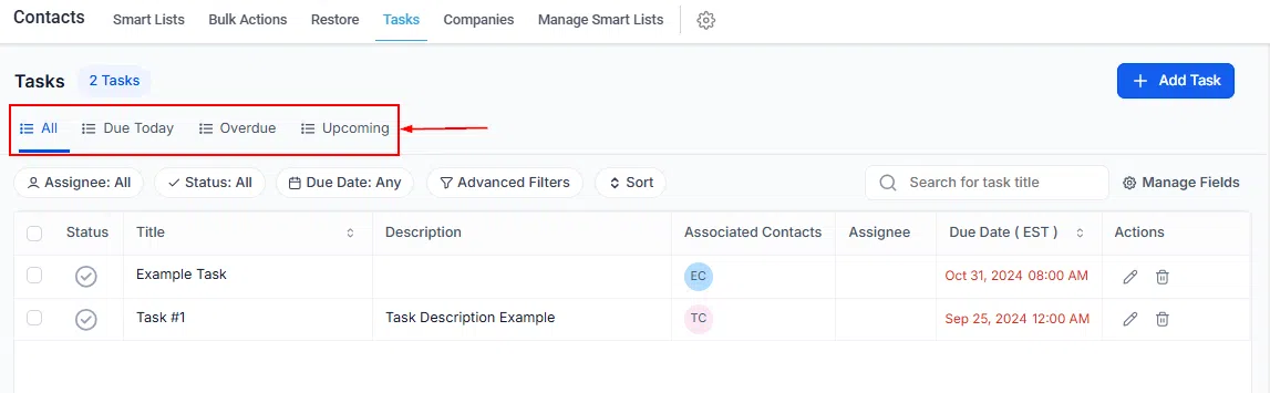 Growth360 Tasks - Status filter