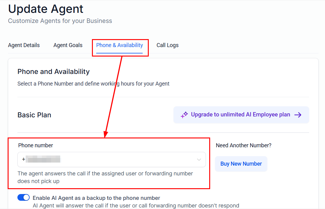 Growth360 Voice AI Agents - selecting phone number for agent