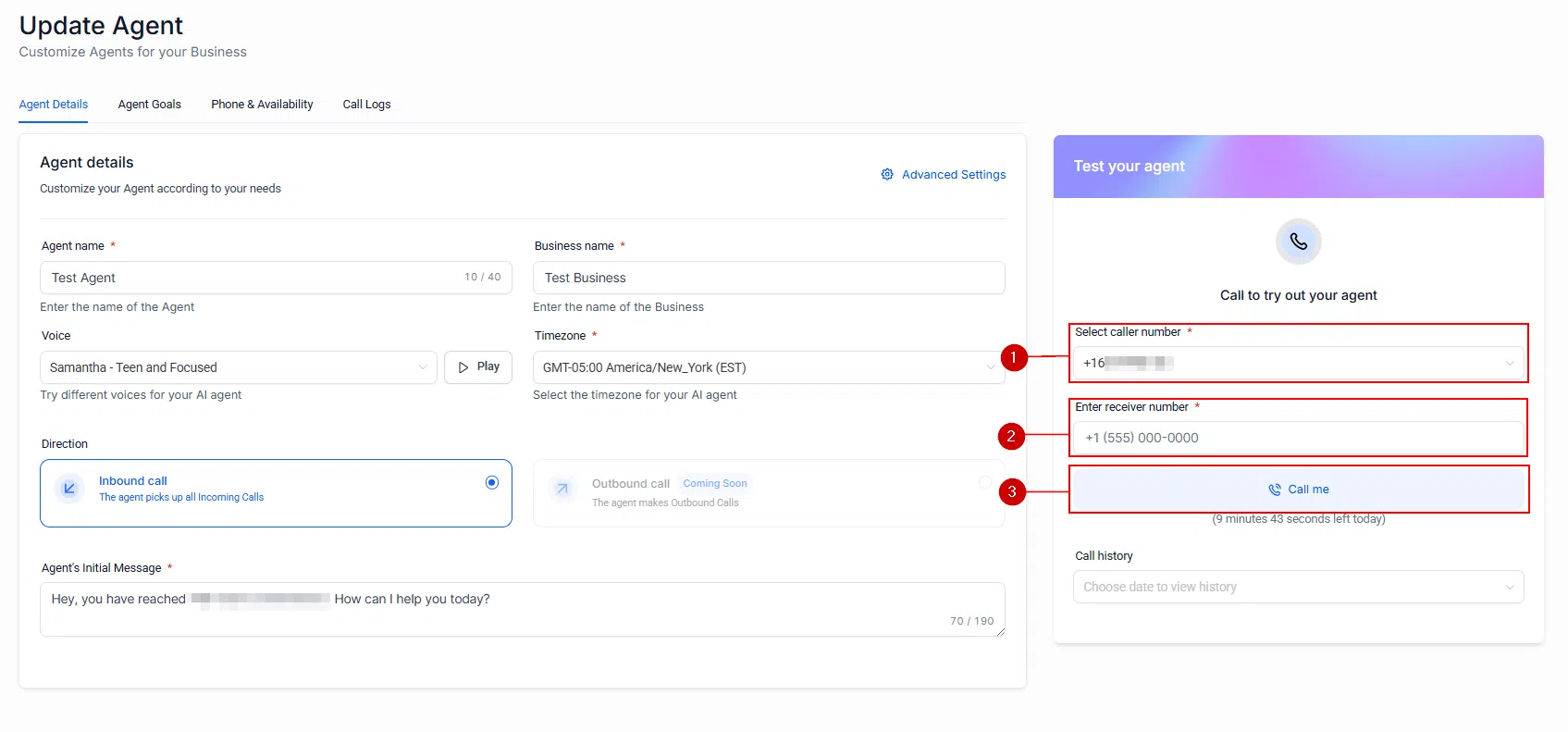 Growth360 Voice AI Agents - test call interface