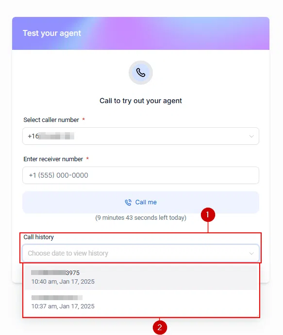 Growth360 Voice AI Agents - reviewing test call history