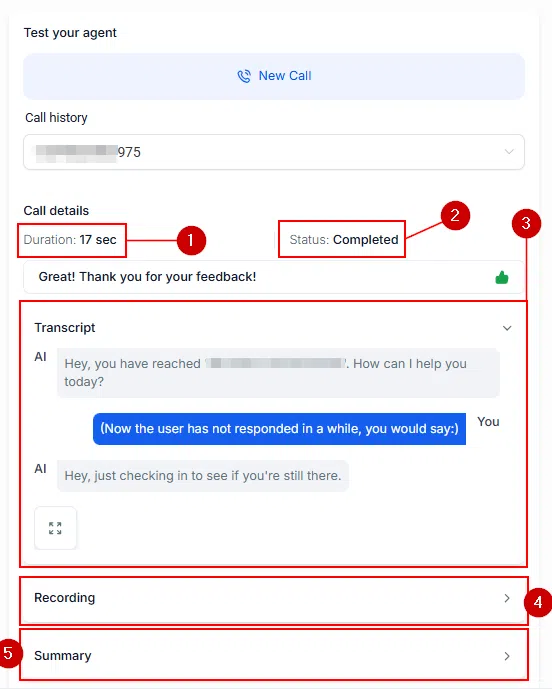 Growth360 Voice AI Agents - call transcript and performance details